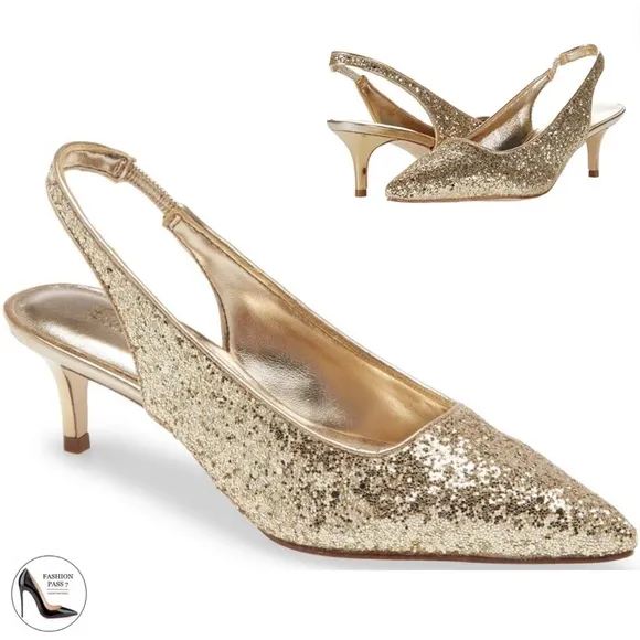 Lilly Pulitzer Shaina Slingback Gold Glitter Pump Pointed Toe Kitten Heel Shoe 7