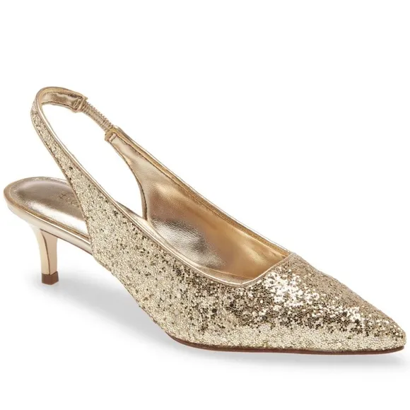 Lilly Pulitzer Shaina Slingback Gold Glitter Pump Pointed Toe Kitten Heel Shoe 7