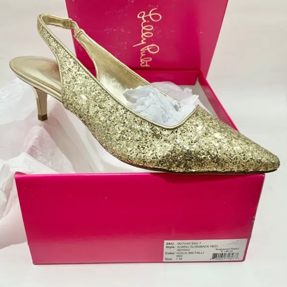 Lilly Pulitzer Shaina Slingback Gold Glitter Pump Pointed Toe Kitten Heel Shoe 7
