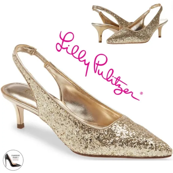 Lilly Pulitzer Shaina Slingback Gold Glitter Pump Pointed Toe Kitten Heel Shoe 7