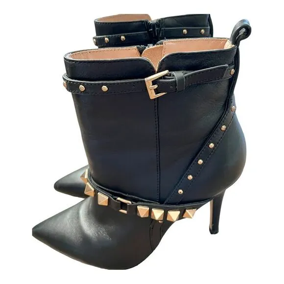 LIU JO Stivaletto Annie Tc 95 Ankle Boots Heels Black Leather Studs Shoes 6