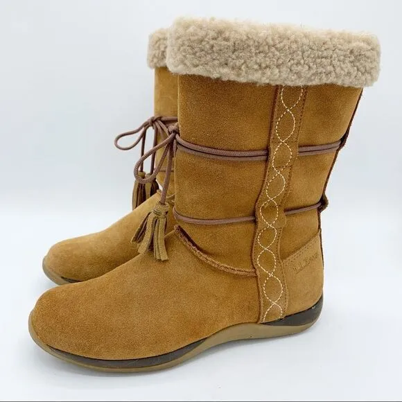 LL Bean Brown Suede Leather Zip Moccasin Winter Fleece Lined Boots Girls