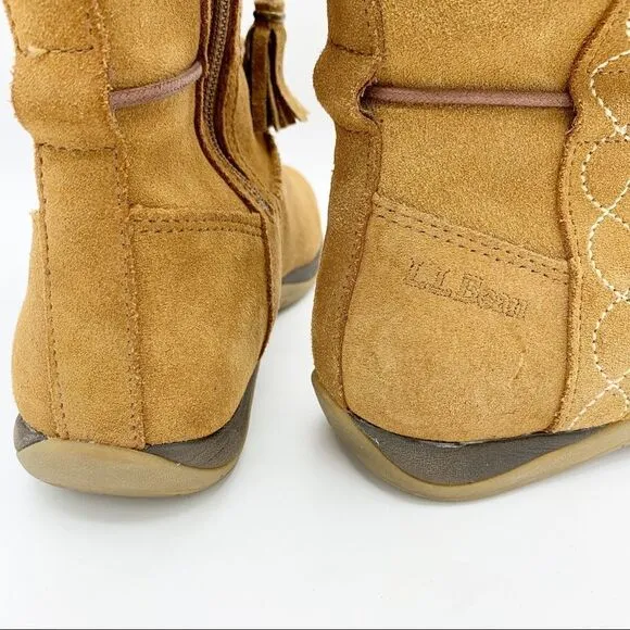 LL Bean Brown Suede Leather Zip Moccasin Winter Fleece Lined Boots Girls