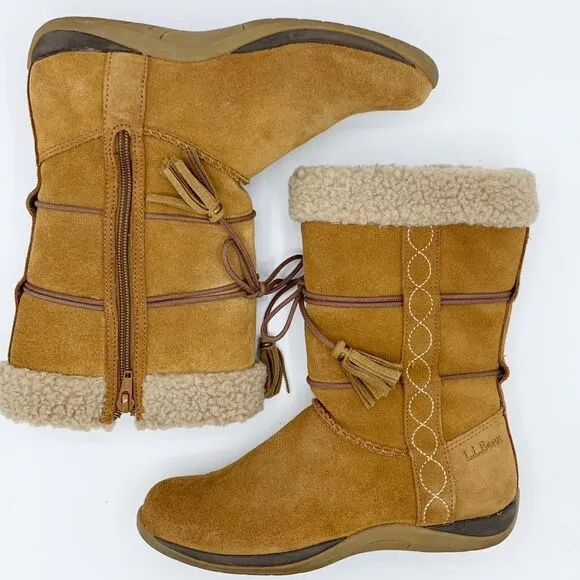 LL Bean Brown Suede Leather Zip Moccasin Winter Fleece Lined Boots Girls