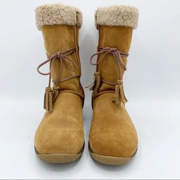 LL Bean Brown Suede Leather Zip Moccasin Winter Fleece Lined Boots Girls