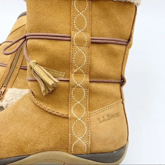LL Bean Brown Suede Leather Zip Moccasin Winter Fleece Lined Boots Girls