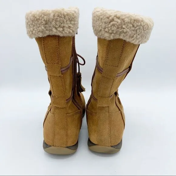 LL Bean Brown Suede Leather Zip Moccasin Winter Fleece Lined Boots Girls