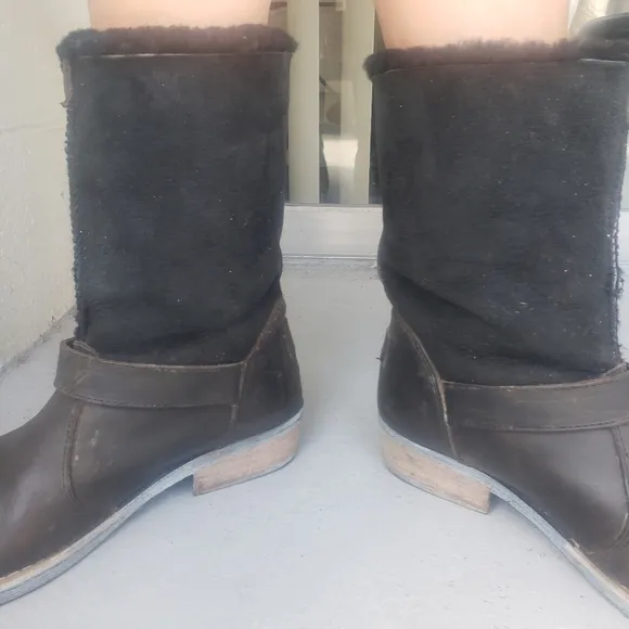Lluxe De Leon Conquista Motorcycle boots black leather shearling lined 9