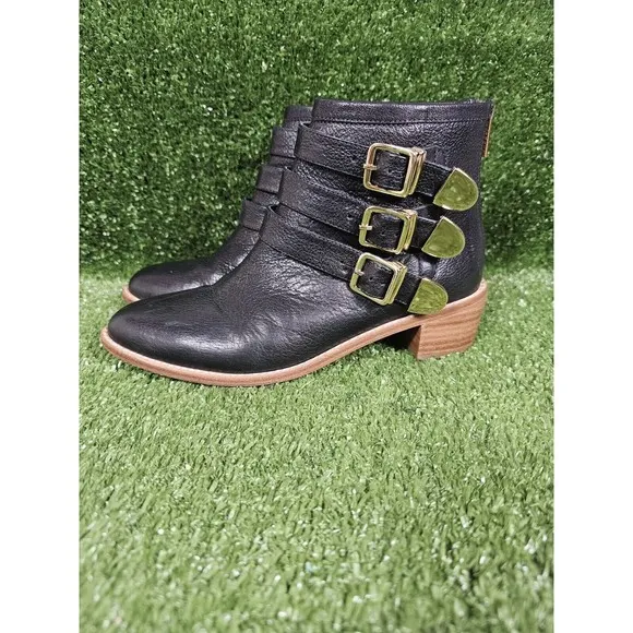 Loeffler Randall Triple Strap Black Leather Ankle Boots Booties Womens Size‎ 6