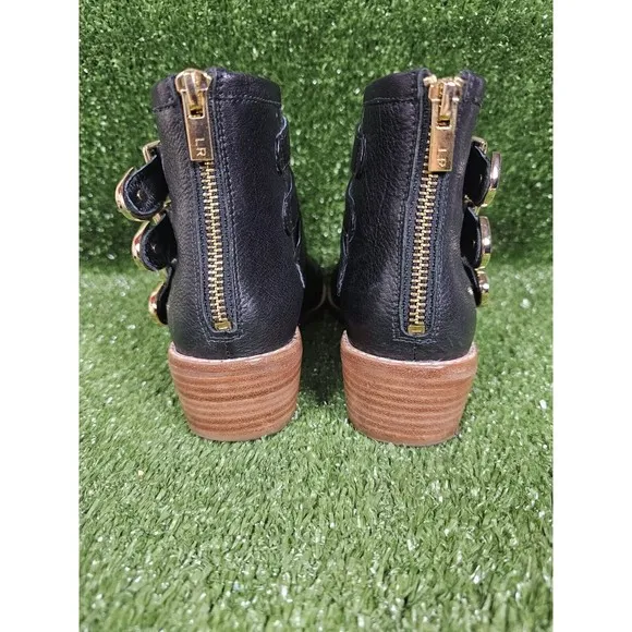 Loeffler Randall Triple Strap Black Leather Ankle Boots Booties Womens Size‎ 6
