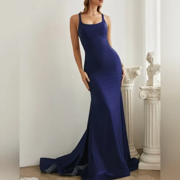 Long Mermaid black,blue,pink stretch jersey lace up open back dress