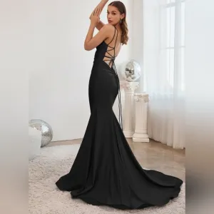 Long Mermaid black,blue,pink stretch jersey lace up open back dress