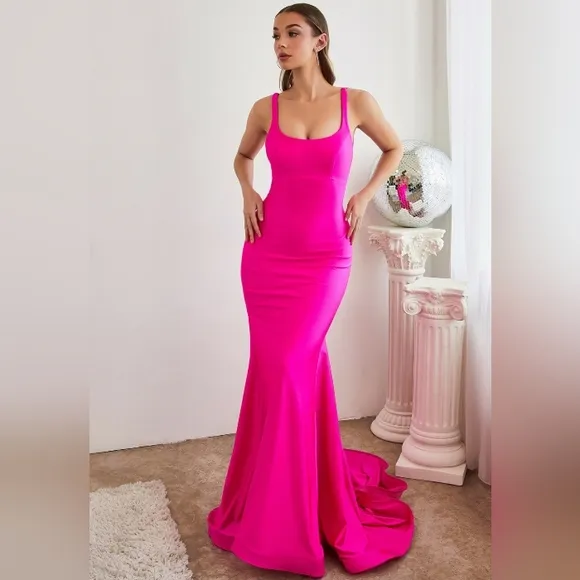 Long Mermaid black,blue,pink stretch jersey lace up open back dress