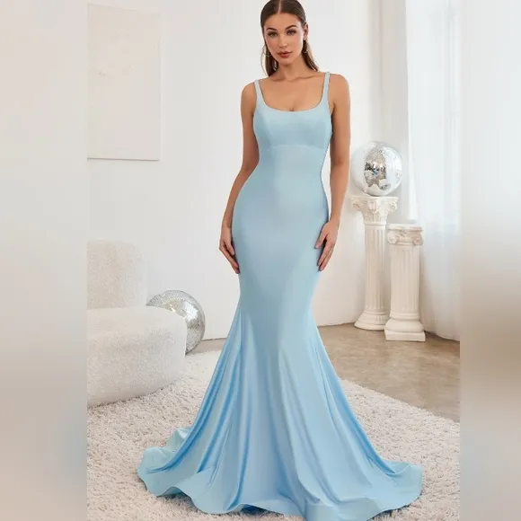 Long Mermaid black,blue,pink stretch jersey lace up open back dress