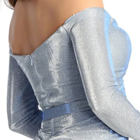 Long sleeve fitted short dusty blue dress with shimmer fabric.