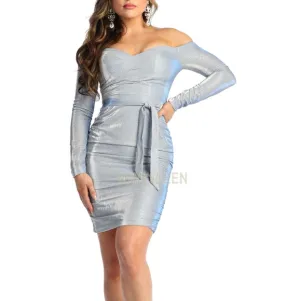 Long sleeve fitted short dusty blue dress with shimmer fabric.