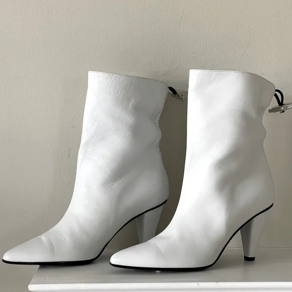 Longchamp Leather Ankle White Boots Pointed-Toes with Triangle Heels Size 7.5
