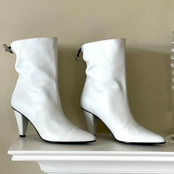 Longchamp Leather Ankle White Boots Pointed-Toes with Triangle Heels Size 7.5