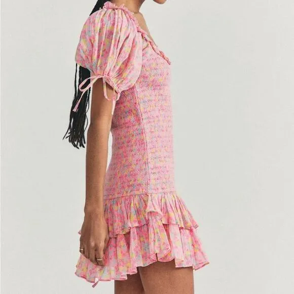 LOVESHACKFANCY Shabby Chic Puff Sleeve Mini Dress Floral Coquette Cottage NWOT M