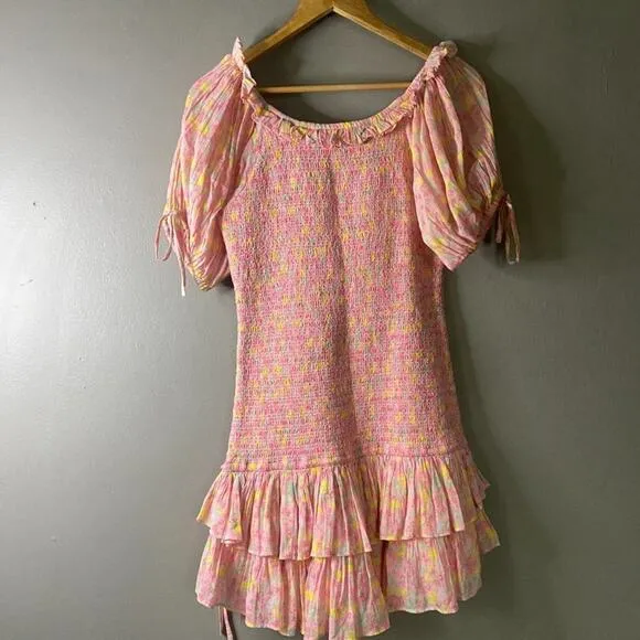 LOVESHACKFANCY Shabby Chic Puff Sleeve Mini Dress Floral Coquette Cottage NWOT M