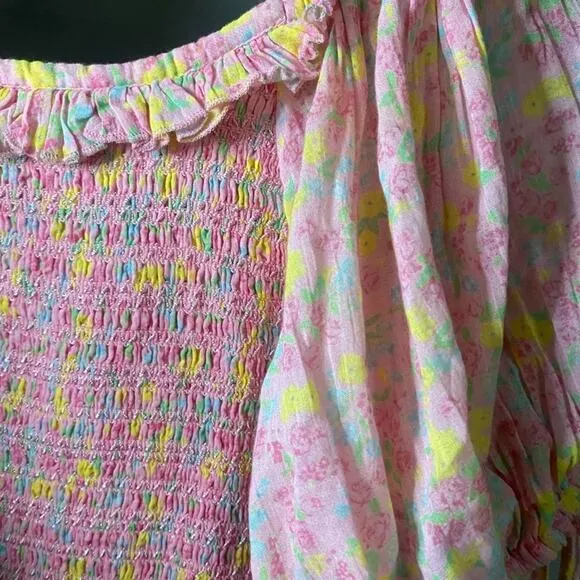 LOVESHACKFANCY Shabby Chic Puff Sleeve Mini Dress Floral Coquette Cottage NWOT M
