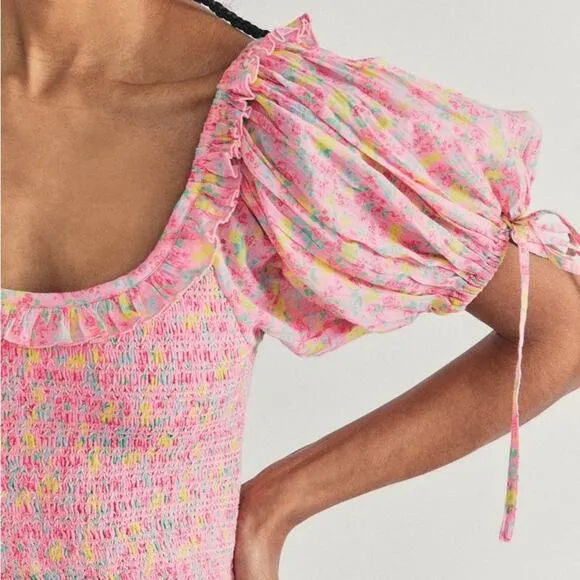 LOVESHACKFANCY Shabby Chic Puff Sleeve Mini Dress Floral Coquette Cottage NWOT M