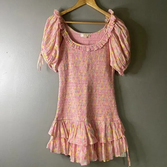 LOVESHACKFANCY Shabby Chic Puff Sleeve Mini Dress Floral Coquette Cottage NWOT M