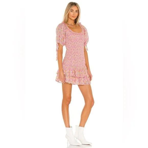 LOVESHACKFANCY Shabby Chic Puff Sleeve Mini Dress Floral Coquette Cottage NWOT M