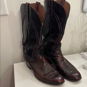 Lucchese Red and Brown Western Cowboy Boots with Decorative Stitching