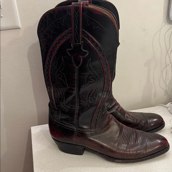 Lucchese Red and Brown Western Cowboy Boots with Decorative Stitching