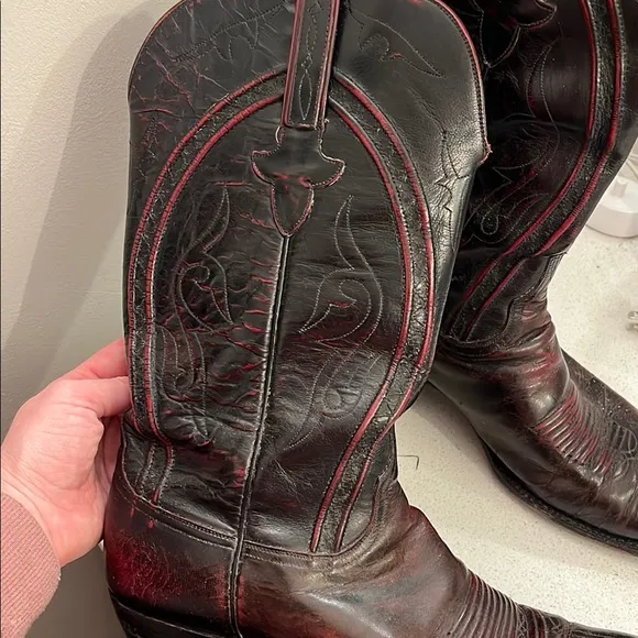 Lucchese Red and Brown Western Cowboy Boots with Decorative Stitching