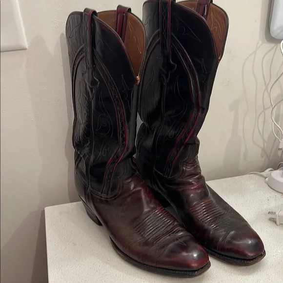 Lucchese Red and Brown Western Cowboy Boots with Decorative Stitching