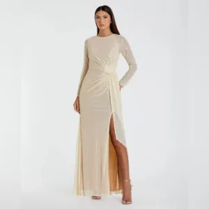 Mac Duggal 26715 NWT Beige Sequined Ruched Long Sleeve Boat Neck Gown *flaws*