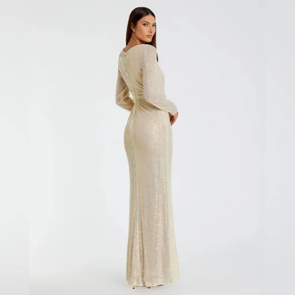 Mac Duggal 26715 NWT Beige Sequined Ruched Long Sleeve Boat Neck Gown *flaws*
