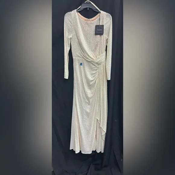 Mac Duggal 26715 NWT Beige Sequined Ruched Long Sleeve Boat Neck Gown *flaws*