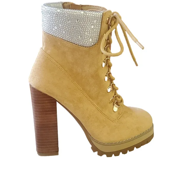 Madden Girl high heel rhinestone platform booties construction boots NWT