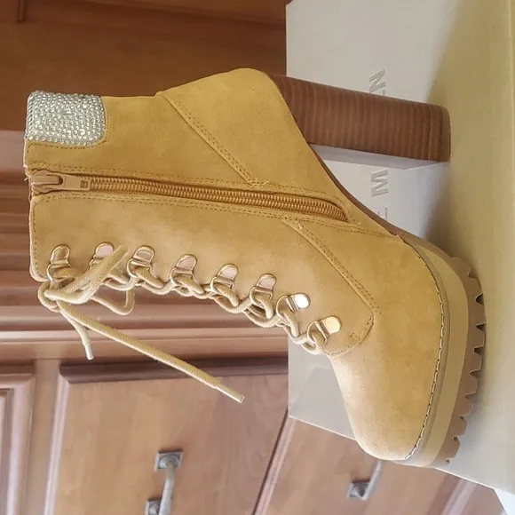 Madden Girl high heel rhinestone platform booties construction boots NWT