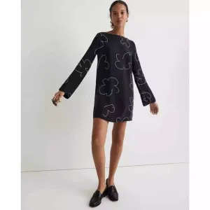 MADEWELL Shift Mini Dress XS True Black Printed Cupro Long Sleeve NWT B10