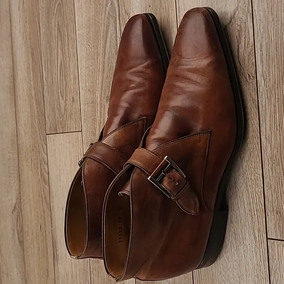 MAGNANNI Tan Dark Brown Leather Sz 10 M Mens Ankle Monk Strap Boots