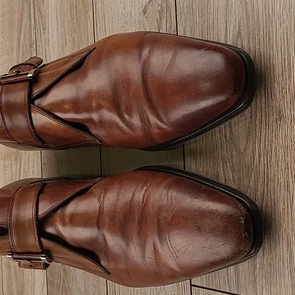 MAGNANNI Tan Dark Brown Leather Sz 10 M Mens Ankle Monk Strap Boots