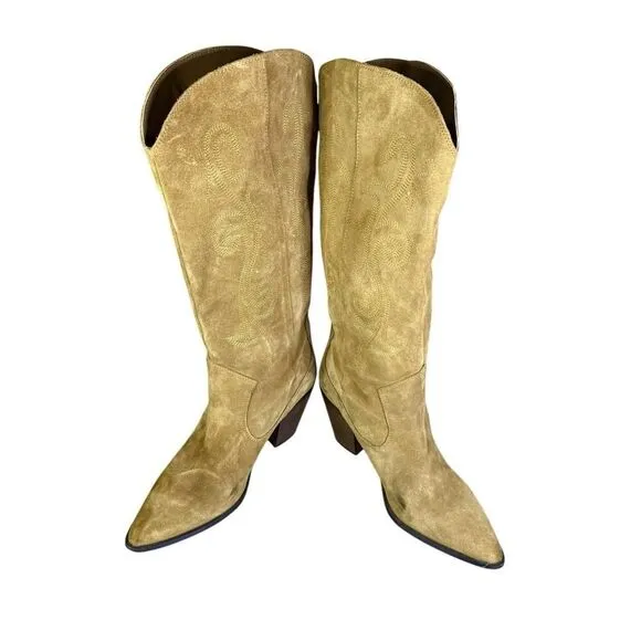 Mango Woman's Leather Suede Cowboy Western Boots Embroidery Camel sz 42EU/12US