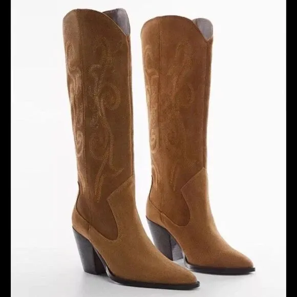 Mango Woman's Leather Suede Cowboy Western Boots Embroidery Camel sz 42EU/12US