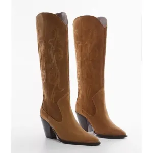 Mango Woman's Leather Suede Cowboy Western Boots Embroidery Camel sz 42EU/12US