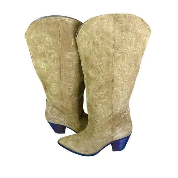 Mango Woman's Leather Suede Cowboy Western Boots Embroidery Camel sz 42EU/12US