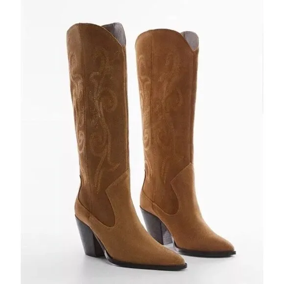 Mango Woman's Leather Suede Cowboy Western Boots Embroidery Camel sz 42EU/12US
