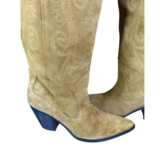 Mango Woman's Leather Suede Cowboy Western Boots Embroidery Camel sz 42EU/12US