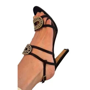 Manolo Blahnik Crystal Embellished Strappy Sandals Black Evening Heels‎ SZ 6 1/2