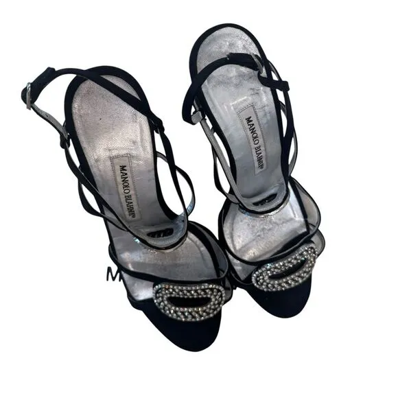 Manolo Blahnik Crystal Embellished Strappy Sandals Black Evening Heels‎ SZ 6 1/2