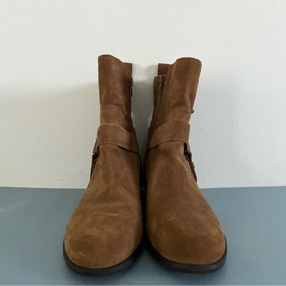 Marc Fisher Dalary Brown Suede Leather Buckle Motorcycle Ankle Boots