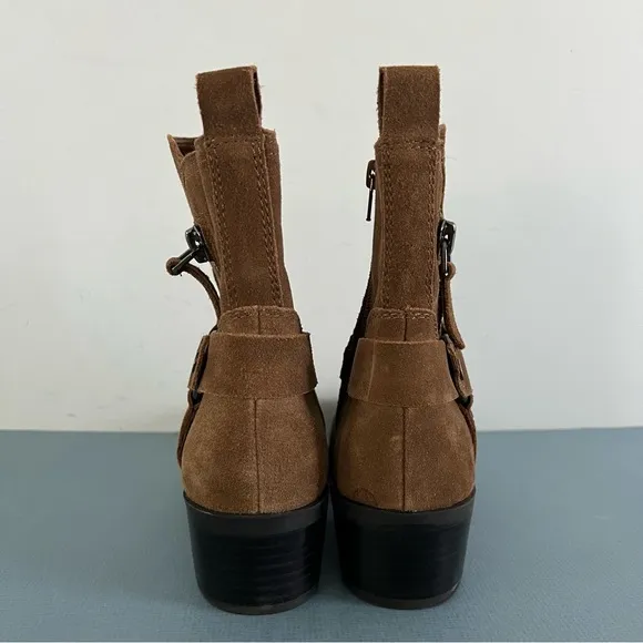 Marc Fisher Dalary Brown Suede Leather Buckle Motorcycle Ankle Boots